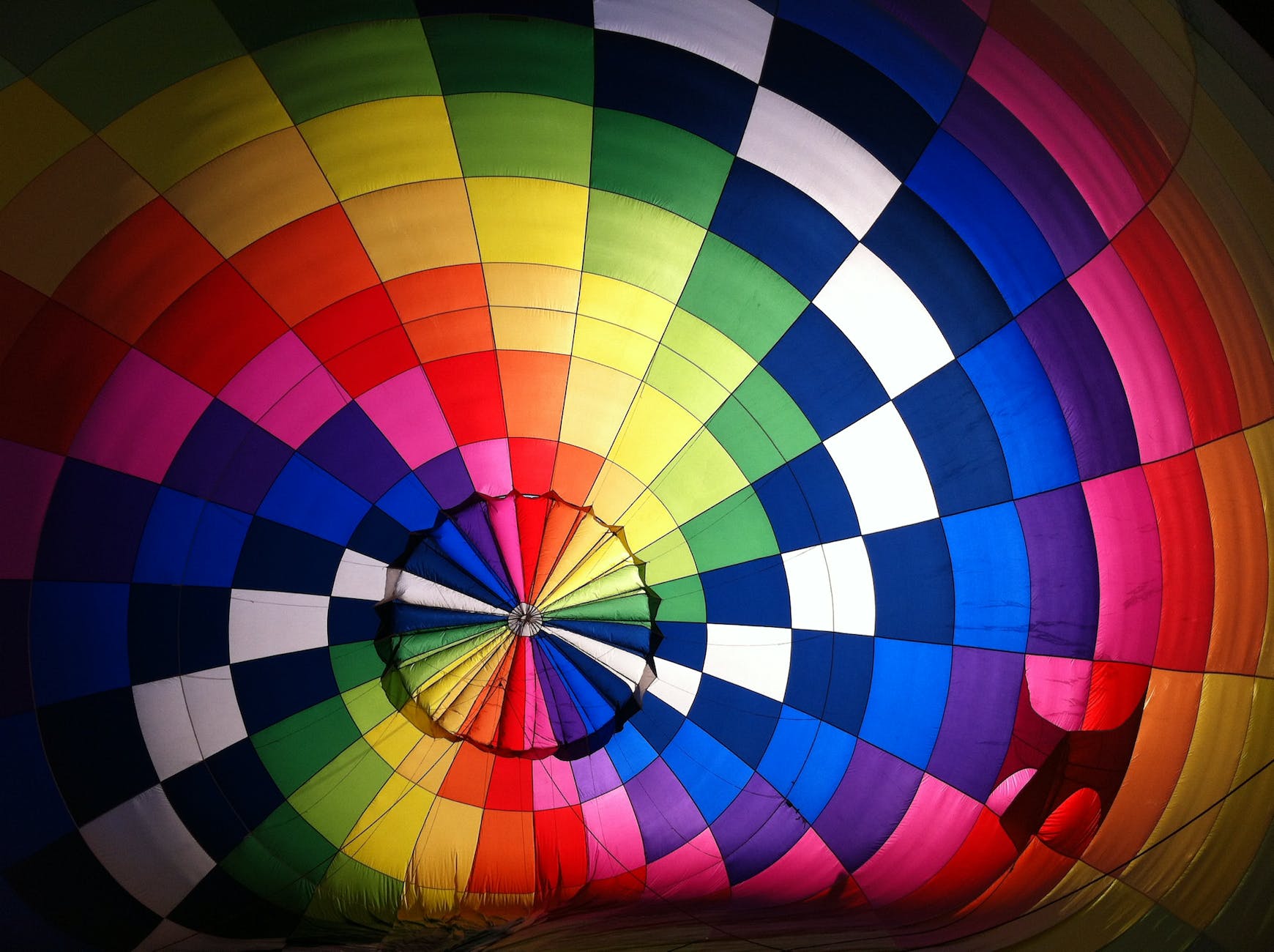 Top view of multicolored hot air balloon from Decatur Alabama Hot Air Balloon Classic