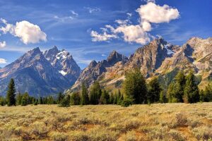 View of the Grand Teton Mountain Range near Jackson, Wyoming.