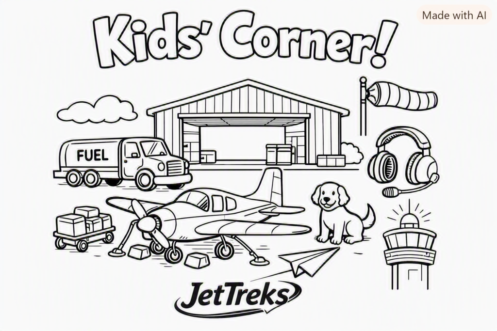 Kids’ Corner aviation coloring page with airplane, hangar, windsock, and JetTreks logo.